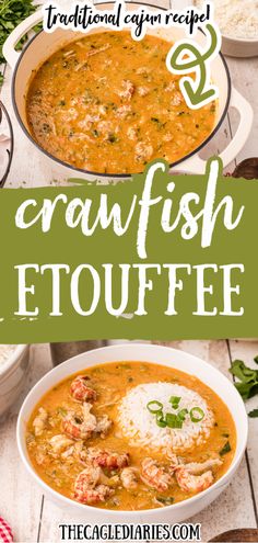 Two pictures of crawfish etouffee one in a pot, one dished out in a bowl with a scoop of rice added. Crawfish Etoufee Recipe, Dinner Food Recipes, How To Cook Crawfish, Crawfish Etouffee Recipe, Crawfish Dishes, Louisiana Dishes, Etouffee Recipe, Crawfish Recipes, Cajun Crawfish