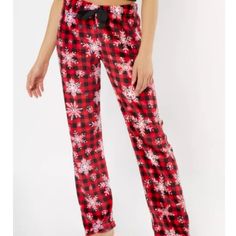 New Red Plaid & Snow Flake Plush Pajamas Pants In Size Medium Red Long Pants For Winter, Casual Christmas Holiday Bottoms, Casual Christmas Holiday Pants, Casual Holiday Pants For Christmas, Casual Red Holiday Bottoms, Casual Red Bottoms For Holidays, Casual Long Pants For Holiday, Red Bottoms For Winter Loungewear, Red Winter Loungewear Pants