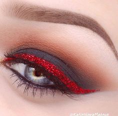 matte black with red glitter liner eye makeup Glitter Liner Eye Makeup, Liner Eye Makeup, Dance Competition Makeup, Competition Makeup, Cheer Makeup, Makeup Hoco, Grey Eyeshadow, Everyday Makeup Tutorials, Glitter Liner