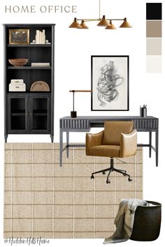 a home office is shown with brown furniture and decor in shades of gray, beige, and white