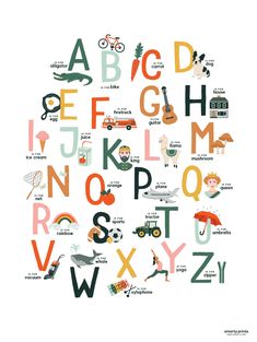 the alphabet is made up of different types of animals and letters, all in various colors