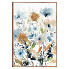 an abstract floral painting with blue and orange flowers