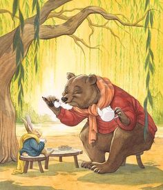 an illustration of a bear and rabbit eating food in the woods next to a picnic table