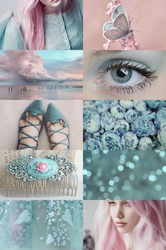 a collage of different pictures with blue and pink hair, shoes, and flowers