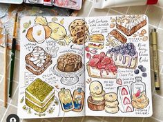 an open notebook with food illustrations on it