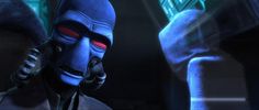 an animated character with red eyes standing in front of a blue man wearing a mask