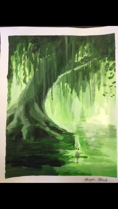 a painting of a large tree in the middle of a body of water with moss hanging from it's branches