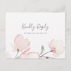 a business card with watercolor flowers on the front and bottom, that says kindly repry