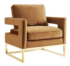 a brown chair with gold legs and a tan cushion