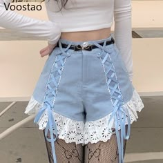 Sweet Lolita Style Shorts Summer Women Korean Lace Ruffles Patchwork Bandage High Waist Shorts Harajuku Punk, Oc Clothes, Lace Trim Shorts, Kawaii Fashion Outfits, High Waist Shorts, Lace Ruffle, Kawaii Clothes, Mode Inspiration, Character Outfits