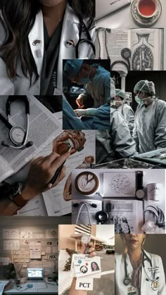 a collage of doctors and medical instruments in various pictures, including the doctor's stethoscope