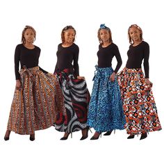 With assorted colorful African prints, this A-line African Print Long Skirt & Wrap is floor-length with an elastic waist and a belt you can tie to your liking. It has two pockets so you can keep your necessities close by. It also includes a matching head wrap to make accessorizing a breeze. This skirt can be dressed up or down, making it perfect for casual days hanging out with friends or dressed up with heels and a nice blouse for a more formal event. Add an African touch to your wardrobe with Printed Long Skirt, Skirt Wrap, Awesome Blouse, African Prints, Long Skirts, Head Wrap, African Dress, African Clothing, Head Wraps