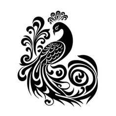 a black and white drawing of a bird with swirls on it's tail