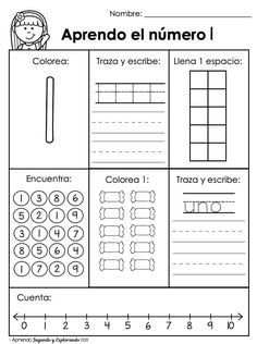 spanish worksheet for the number 1 and 2, with numbers on each page