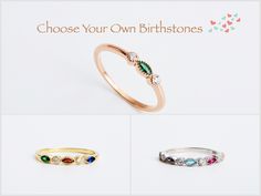 "14K solid gold birthstone ring, stackable rings for a lifetime! Personalized mothers birthstone ring available with 1, 2, 3, 4, 5, 6 birthstones. Our personalized handmade jewelry makes perfect gifts for her, for women and for mom with an elegant touch. Please check our personalized birthstone jewelry to have more options! We only craft things that we would want to wear ourself. We are really happy to share our work with you ♥ ♥ ➤ PRODUCT FEATURES; ✔ Made to Order ✔ 14K White Gold, 14K Rose Gold, 14K Yellow Gold ✔MarquiseCut Stones: 2*5mm and 2mm round clear crystals between birthstones. ✔ Ready to Ship in 3-5 Business Days ➤PERSONALIZATION ✔Please select your desired material and size from the menu.. ✔ Please write your desired birthstone to \"Add your personalization\" box during check Mothers Ring 3 Stone Vintage, Mothers Birthstone Ring, Mothers Ring 3 Stone, Mothers Ring Stackable, Ring For Mom, Ring 3 Stone, Stackable Birthstone Rings, Birthstone Ring Mothers, Dainty Gold Ring