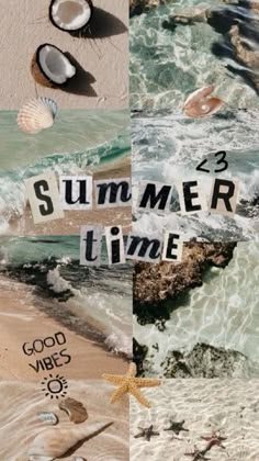 the words summer time are written in different languages on beach sand and seashells