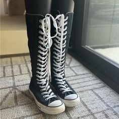 Worn Fewer Than 10 Times, Very New, Can Tell By The Shoe Laces Zip In The Back, Easy To Take On And Off Discontinued Design Dark Blue With White Size 6 True To Size Thigh High Converse, Xxhi Converse, Knee Converse, Slay Shoes, Long Converse, Boot Converse, Converse Knee High, Customized Converse, Eccentric Aesthetic