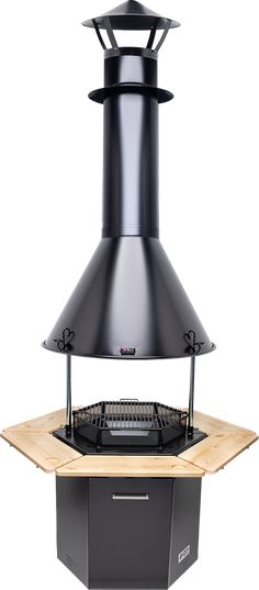 an outdoor fireplace with a black metal chimney and wood table top on the bottom shelf