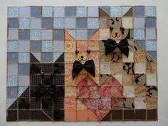 two cats with black bow ties are on a patchwork piece of fabric that has been altered to look like quilts