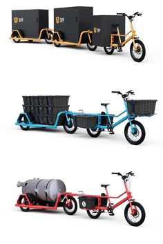 three different types of bikes with baskets on them