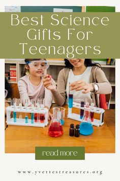 two girls in lab coats and beakles with text overlay reading best science gifts for teenagers