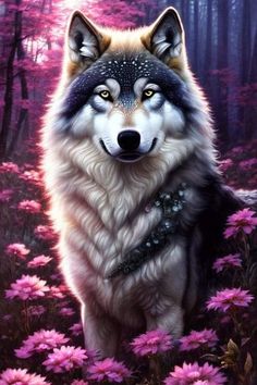 a wolf standing in the middle of a forest with pink flowers on it's chest