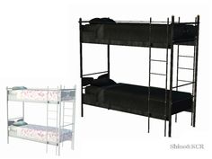 two bunk beds are next to each other with their mattresses pulled out and the bottom bed is black