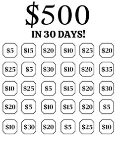 the $ 500 in 30 days sign is shown on a white background with black lettering