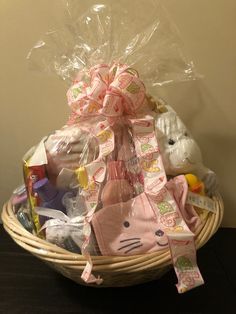 a basket filled with lots of baby items