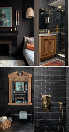 four pictures of bathroom with black walls and wood accents, including a sink, shower, toilet