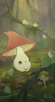 a painting of a mushroom and frog in the forest with many other frogs around it