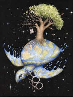 a painting of a tree on top of a turtle with scissors in it's mouth