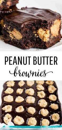 chocolate peanut butter brownies are stacked on top of each other, and the bottom one is cut in half