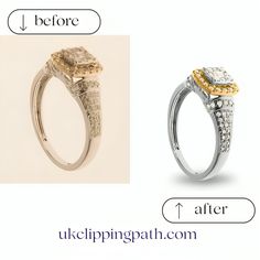 two different types of engagement rings with the words before and after