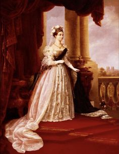 a painting of a woman in an elegant dress standing on a red carpeted area