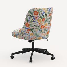 an office chair with colorful flowers on the back and wheels, against a white background