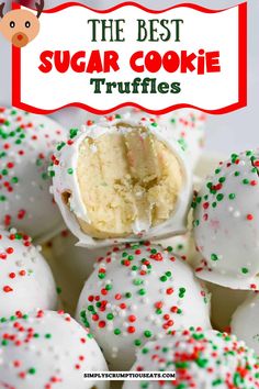 the best sugar cookie truffles with white frosting and sprinkles