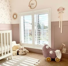 Pink and white nursery with wall panelling Half Panelling, Doll Pram, Rose Bedroom, Toddler Bedroom Girl, Baby Girls Room