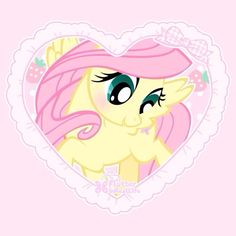 a pink pony with long hair and blue eyes in a heart shaped frame on a pink background