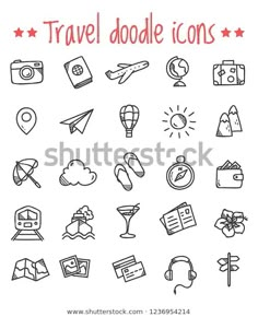 travel doodle icons set on white background