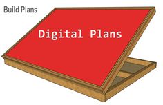 a wooden box with the words digital plans on it and an image of a red object in