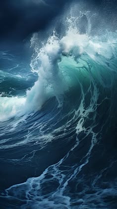 an ocean wave with dark blue water and white foam on the top, under a cloudy sky