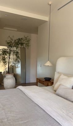 a bed with white sheets and pillows next to a tall potted plant on the wall