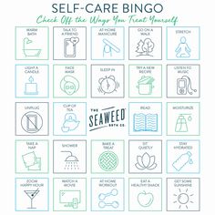 the self - care bingo game is shown in blue and green with icons on it