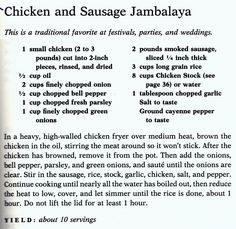 the instructions for chicken and sausage jambalaya are shown in this recipe book