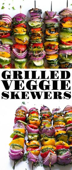 grilled veggie skewers are stacked on top of each other