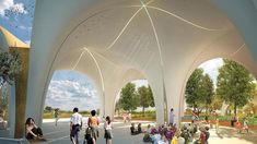 an artist's rendering of people sitting and walking in the shade under a canopy