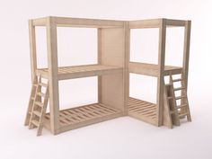 a wooden bunk bed with two shelves and ladders on the bottom level, against a white background