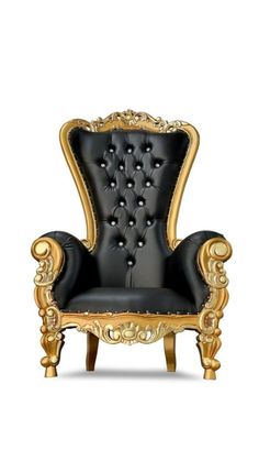 an ornate black and gold chair on a white background