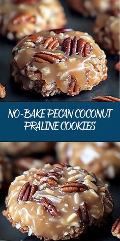 no - bake pecan coconut pralie cookies with chocolate and pecans